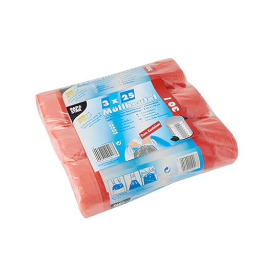 Papstar 1 Karton = 5x75 Müllbeutel zum Zuziehen, HDPE 30 l 70 cm x 55 cm rot 12417 von PAPSTAR