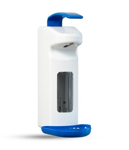 Hygiene365® Desinfektionsspender SD2015, Armhebelspender manuell für 500-1000ml – Eurospender, nachfüllbar (Weiß mit Blauer Tropfschale und blauem Armhebel) von Hygiene365