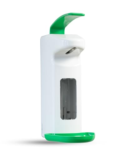 Hygiene365® Desinfektionsspender SD2015, Armhebelspender manuell für 500-1000ml – Eurospender, nachfüllbar (Weiß mit grüner Tropfschale und grünem Armhebel) von Hygiene365
