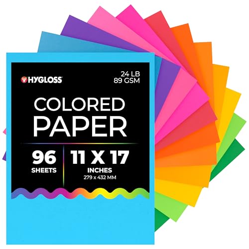 Hygloss Products, sortiertes helles farbiges Papier, 10,9 kg, 89 g/m², säurefrei, lichtbeständig, 27,9 x 43,2 cm, farbiges Kopierpapier, 96 Blatt, 12 Farben von Hygloss