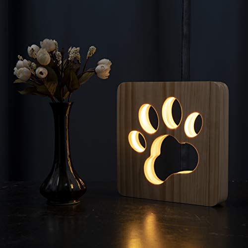 Hyindoor LED Nachtlicht Hund Pfote Holz Tischlampe 3D Kreativ Schreibtischlampe USB Power Light Schlafzimmer Dekoration für Kinder Baby Weihnachten Neujahr Geschenk von Hyindoor