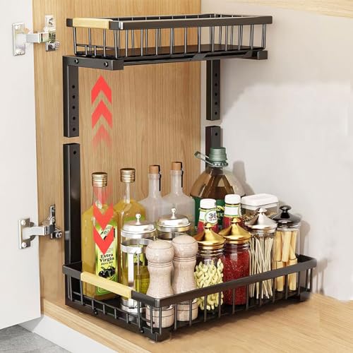 Hykiee Metall Küchen Schrank Organizer 2 Etagen, Höhenverstellbar Unter Waschbecken Regal Waschbeckenunterschrank mit 2 Schiebeschublade, Putzmittel Spülschrank Organizer für Haushalt, Badezimmer von Hykiee