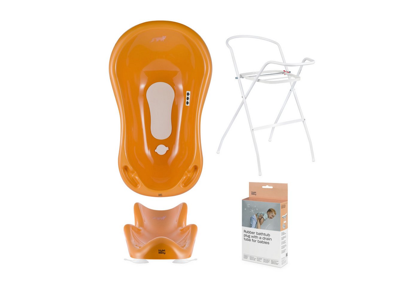 Hylat Baby Babybadewanne Baby Badewanne Set mit / ohne Gestell und Badewannensitz - Fox, (4-teiliges SET, 4-tlg), Babywanne mit Wannensitz, Gestell, Schlau - TÜV Rheinland geprüft von Hylat Baby