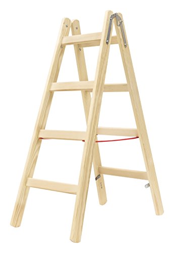Hymer Holz Sprossenstehleiter 2x4 Sprossen (Leiter beidseitig begehbar, Spreizsicherung, stabiler Eimerhaken) 7141008 von Hymer