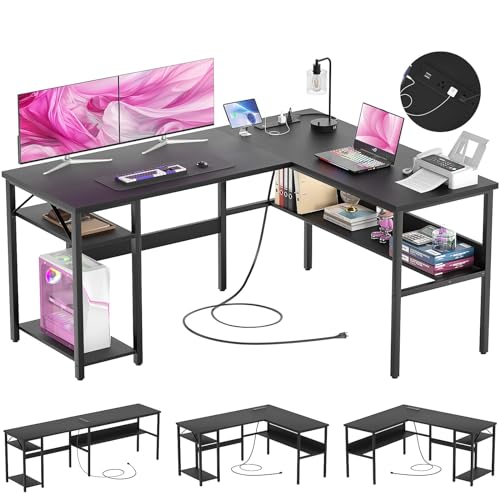 Hyomdeck Wendbarer L-förmiger Computertisch mit Steckdosen und USB-Ladeanschlüssen, stabiler Eckschreibtisch mit Ablage, moderner Arbeitstisch für Heimbüro, einfach zu montieren, Schwarz von Hyomdeck