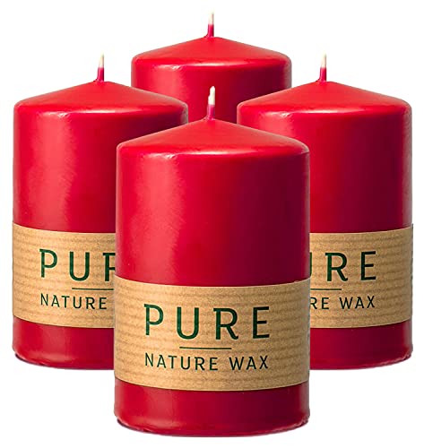 Hyoola Pure Natürliche Stumpenkerzen - Stumpen Kerzen aus 100% Natürlichem Wachs - Paraffinfrei - Ø 6 x 9 cm - Rote Kerzen Lange Brenndauer - 4er Pack von Hyoola