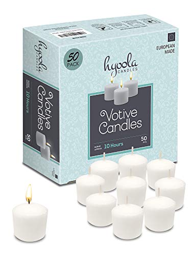 Hyoola Votivkerzen - Kerzen mit langer Brenndauer 10 Std - Gebinde Kerzen im Glas ohne Duft - Paket 50 Weiße Kleine Kerzen - In Europa Hergestellt von Hyoola