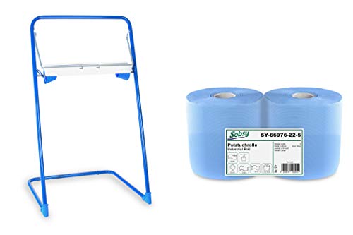 2 x blaue saugstarke Papierrolle mit Standfuß-Spender, 1000 Blatt, 22x36 cm | 2-lagige perforierte Papiertücher | für Industrie, Werkstatt und Restaurant | Durchmesser 25 cm von Hypafol