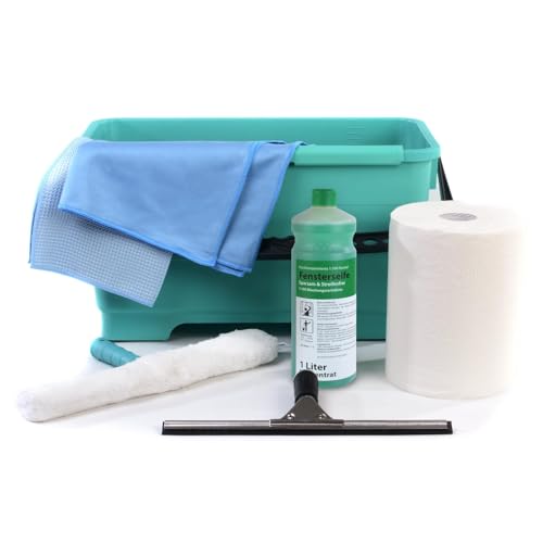 HyPaFol Fensterputzer Set I XXL Fensterreiniger Set mit Fensterabzieher, Fensterputzeimer, Fensterwischer & 1 Wischbezug, Fensterseife Konzentrat und 2X Microfasertuch Fensterputztuch von Hypafol