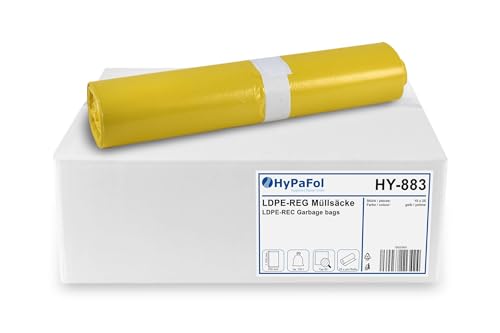 HypaFol Müllsäcke 120 L, Gelber Sack I Robuste Müllsäcke für Abfalltrennung von Verpackungen & Kunststoff I Müllbeutel farbig zur Mülltrennung I Aus recyceltem Kunststoff mit hoher Reißfestigkeit von Hypafol