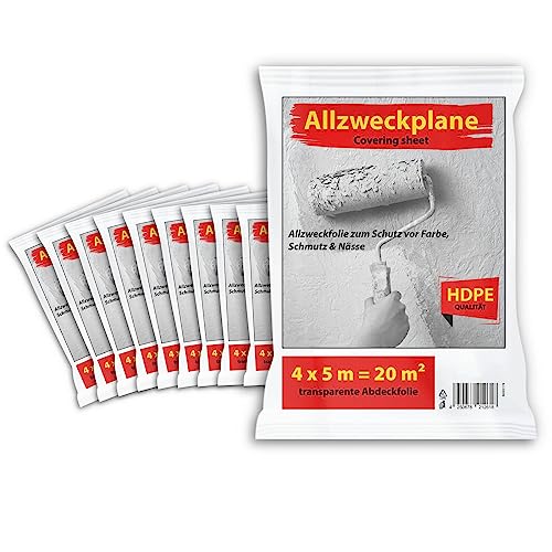 10 Stück Hypafol Abdeckfolie transparent I Malerfolie 4x5m aus hochwertigem HDPE zum Schutz vor Farbe, Schmutz&Nässe I robuste Baufolie extra stark für Innen & Außenbereich I Allzweck Staubschutzfolie von Hypafol