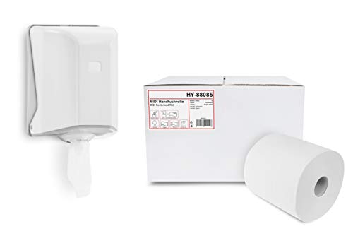 Hypafol Handtuch-Papierspender Set | Papierhandtuchrollen-Spender mit Innenabzug (Centerfeed) | modernes Design, weiß | Sichtfenster zur Verbrauchskontrolle | inkl. 6 Rollen Handtuchpapier von Hypafol