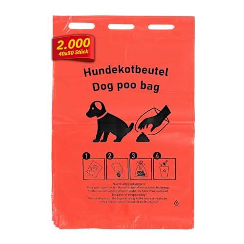 Hypafol Hundekotbeutel rot I 205 x 300 mm I Hundetüten aus robustem HDPE I Hygienisch, extra stark & reißfest I 2000 (40x50 Stck) I Mit Einhängeösen von Hypafol