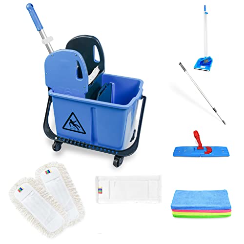 Hypafol Mini Reinigungswagen | Set 50 cm | 2-Kammer Putzwagen mit 24l Eimer mit Trennwand | mit Mopp-Presse und Kehrgarnitur | inkl. 2X 50cm Baumwoll Mopp, 1x Mikrofaser-Mopp | 12x Mikrofasertücher von Hypafol