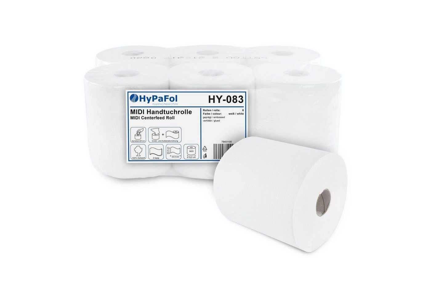 Hypafol Papierhandtuch geprägte Papierhandtuchrolle, 2-lagig, Zellstoff, Ø19 cm, 6 Rollen (1-St), Innen- und Aussenabwicklung von Hypafol