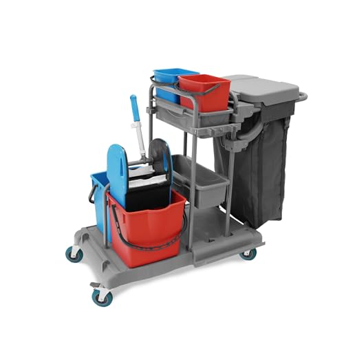 Hypafol Profi Putzwagen mit 100l Leinensack I Praktischer Reinigungswagen mit 2 x 18l & 2 x 5l Eimern I Stabile Mopp-Presse & Halterung für Besen & Lappen I Kunststoff-Eimer mit ergonomischen Henkel von Hypafol