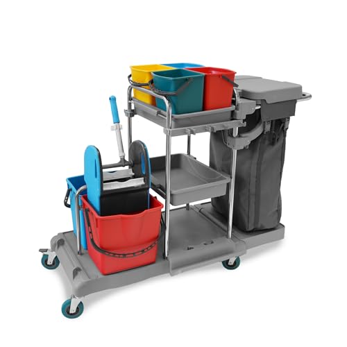 Hypafol Profi Putzwagen mit 100l Leinensack I Praktisches Reinigungsset mit 2x18l & 4x5l Eimern I Stabile Mopp-Presse & Halterung für Besen & Lappen von Hypafol