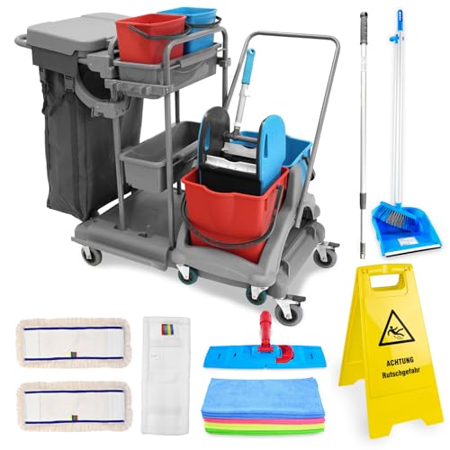 Hypafol Putzwagen Reinigungswagen Set | 2 x 18 l Eimer mit Wischmopp-Presse | Kehrgarnitur mit langem Stiel | 2X 50cm Baumwoll Wischmopp, 1x Mikrofaser-Mopp, 12 Mikrofasertücher | Warnschild Hypafol Putzwagen Reinigungswagen Set | 2 x 18 l Eimer mit Wischmopp-Presse | Kehrgarnitur mit langem Stiel | 2X 50cm Baumwoll Wischmopp, 1x Mikrofaser-Mopp, 12 Mikrofasertücher | Warnschild von Hypafol