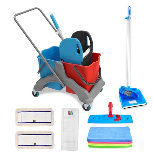 Hypafol Putzwagen Reinigungswagen Set | 2 x 25 l Eimer mit Wischmopp-Presse und Kehrgarnitur | inkl. 2X 50cm Baumwoll Wischmopp, 1x Mikrofaser-Mopp | je 4 Mikrofasertücher in rot, gelb, grün, blau von Hypafol