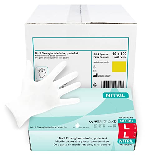 Nitrilhandschuhe 1.000 Stück,weiß in L I Puderfreie Einmalhandschuhe I Geeignet für Lebensmittelbereich, Kosmetik & als medizinische Untersuchungshandschuhe I Robuste Einweghandschuhe von Hypafol