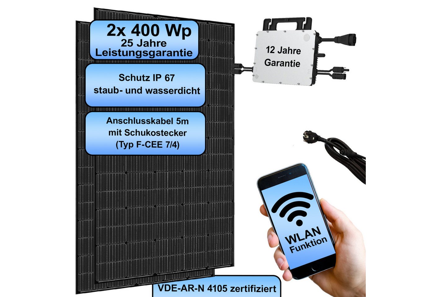 Hyrican Balkonkraftwerk Solaranlage WVC800, 800Watt 2x Solarpanel 400W, (PERC-Hocheffizienz Solarzellen, Multibusbar-Technologie), steckerfertig für Ihr Haus, Plug & Play von Hyrican