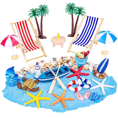 Hysagtek Miniatur Strand Deko, 28 Strand Mikrolandschaft Miniliegestuhl Strandkorb Sonnenschirm, Sommer Deko Miniatur Ornament Set, für DIY Garten Sandspielzeug, Einzigartiges Geschenk von Hysagtek