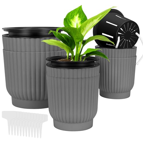 Hysagtek 6 Pack Blumentopf, Kunststoff Blumentopf Selbstbewässernd, Kräutertopf mit Ablauflöchern, 3 Größen Pflanzentopf Outdoor Selbst Bewässerung, Blumentöpfe Balkon für Garten Home (Grey) von Hysagtek