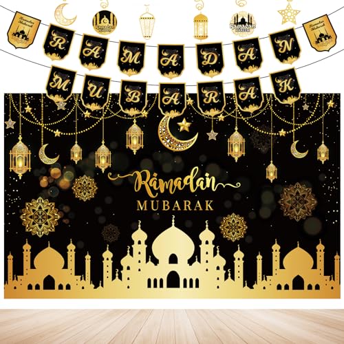 Ramadan Deko Banner,Ramadan Dekoration Set Wohnzimmer Hintergrund Eid Mubarak Dekoration mit Banner Fahnen Tragseile & Aufhängehaken Accessoires Für Zuhause Muslim Ramadan Eid Party Zubehör(Schwarz) von Hysagtek