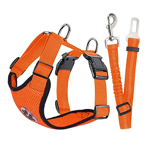 Hundegeschirr-Set, Hysami Haustierweste, Geschirr mit Sicherheitsgurt + verstellbarem Gummiband für Ausflug (L, Orange) von Hysami