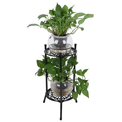 Hyuduo 2-stufiger Pflanzenständer, 50 Cm / 19,7 Zoll Runder Pflanzenständer für Blumentopf, Topfpflanzenhalter aus Metall für Den Innenbereich und Den Außenbereich(Schwarz) Korb/Topf von Hyuduo