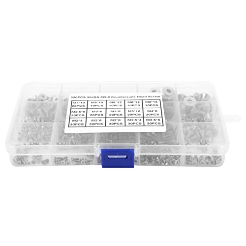 320 Stück Hex Flach Schraube Set, M2 M3 M4 M5 Senkkopfschrauben 304 Edelstahlschrauben Muttern und Unterlegscheiben Sortimentssätze mit Aufbewahrungskoffer Box von Hyuduo