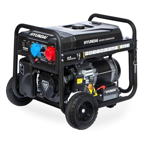 HYUNDAI Benzin Generator HY8500LEK-T, Stromerzeuger mit 16.3PS Motor und 7.7kW max. Leistung, Handstart und E-Start, 1x230V(32A), 1x400V(16A), 1x12V(8.3 A), Stromgenerator, Stromaggregat von Hyundai