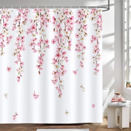 Hyupuanj Duschvorhang 200 x 200 cm Kirschblüte Duschvorhang Wasserdicht Textil Polyester Waschbar Duschrollo mit 12 Duschvorhänge Haken, Duschvorhänge mit Gewicht Unten für Badezimmer v-59 von Hyupuanj