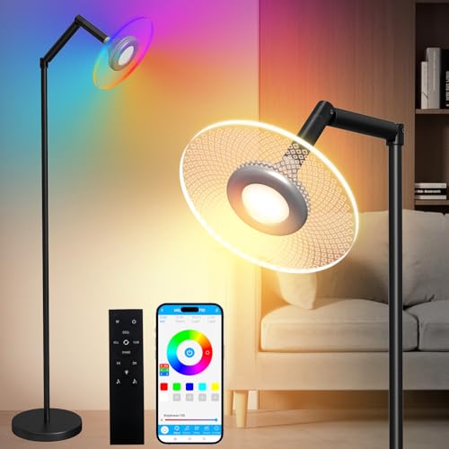 Hzitcigm LED Stehlampe Dimmbar, RGBCW Stehleuchte mit Fernbedienung & APP Modern Stehlampe Wohnzimmer mit 3 Farbtemperaturen Stufenlose Helligkeit 16 Millionen Farben Einstellbare Beleuchtungsrichtung von Hzitcigm