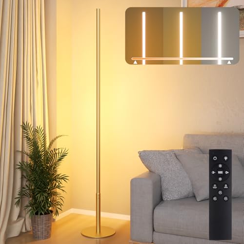 Hzitcigm LED Stehlampe Wohnzimmer, Stehleuchte LED Dimmbar Standleuchte mit Stufenlose Helligkeit & Farbtemperaturen 2700K-6500K, Memory-Funktion Ecklampe mit Fernbedienung für Schlafzimmer Büro, Gold von Hzitcigm