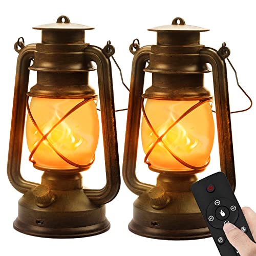 Hzitcigm LED Vintage Laternen Batteriebetrieben, 2 Stück LED Laternen für Draußen Hängend Laterne mit Fernbedienung USB Wiederaufladbare 4 Modi Realistische Flackerflamme Camping Deko für Garten von Hzitcigm