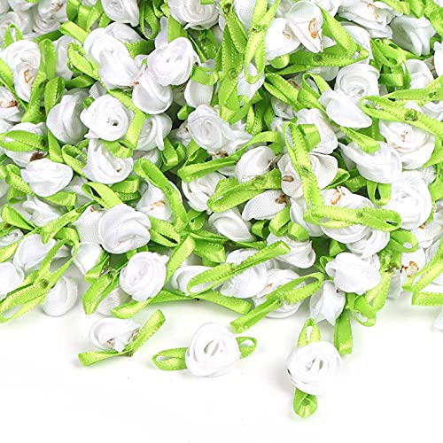 Hztyyier 450 Stück Stoff Blumen, Kleine Rosen mit Blättern Künstliche Blumen für DIY Stirnbänder Hochzeit Boutique Haarschleifen für Mädchen Frauen Teens(Weiß) von Hztyyier