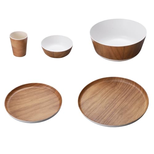 Hztyyier Melamin Holz Getreides Set mit Schüssel Tasse Großer Kleiner Servierplattenbecken 5 -teiliges Indoor Outdoor Party Gebrauch von Hztyyier
