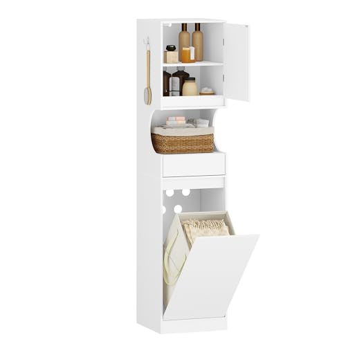 Hzuaneri Badezimmerschrank mit Wäschekorb, Hochschrank Badschrank, Wäschesack, mit faltbarem Wäschekorb, Tür und Schublade, verstellbare Ablage, 40 x 40 x 174 cm, Weiß BC43013X von Hzuaneri