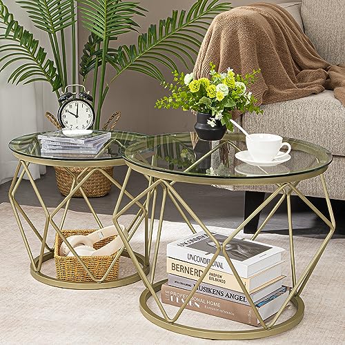 Hzuaneri Couchtisch rund, 2er Set Beistelltische, Beistelltisch-Set mit Metallrahmen, Kleiner Beistelltisch für Wohnzimmer, Schlafzimmer, Büro, Schlafzimmer, Gold 01801GCT von Hzuaneri