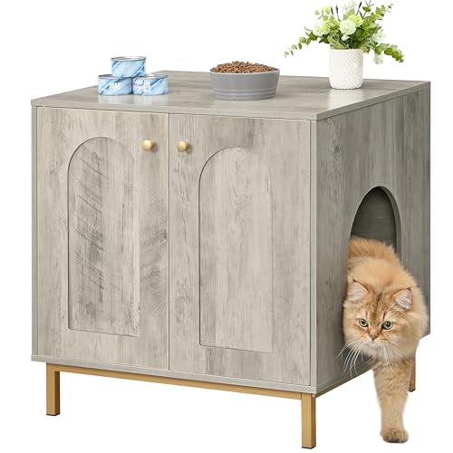 Hzuaneri Katzenschrank, Katzentoilette, Katzenklo Schrank, Katzenhaus mit Tür, Hölzerner Beistelltisch für das Haustierhaus, 60 x 50 x 60 cm, Stabile Katzenschrank, Greige und Gold CB81205G von Hzuaneri