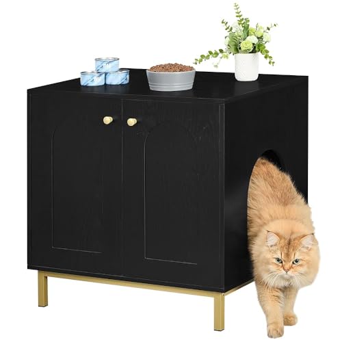 Hzuaneri Katzenschrank, Katzentoilette, Katzenklo Schrank, Katzenhaus mit Tür, Hölzerner Beistelltisch für das Haustierhaus, 60 x 50 x 60 cm, Stabile Katzenschrank, Schwarz und Gold CB81204G von Hzuaneri