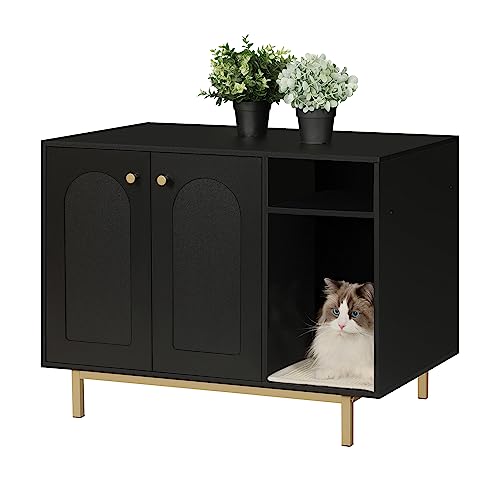 Hzuaneri Katzenschrank, Katzentoilette, Katzenklo Schrank, Katzenhaus mit Tür und separater Trennwand, 80 x 50 x 60 cm, Stabile Katzenschrank, Sitzbank, Schwarz CB01504G von Hzuaneri