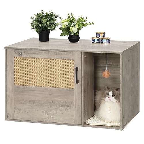 Hzuaneri Katzenschrank mit Rattan Tür, Versteckte Katzentoilette, Boho Stil Holz Haustier Haus Katzenstreu, Speicher Schrank Sitzbank, Greige CB05605X von Hzuaneri