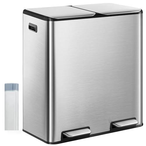 Hzuaneri Mülleimer Küche, Mülltrennsystem 2 Fächer 60L (2 x 30 L), Edelstahl-küchenmülleimer, Tretmülleimer, Abfalleimer Ruhiger Langsamer Abstieg, mit 15 Exklusiven Abfallbeuteln, Silber SW06099E von Hzuaneri