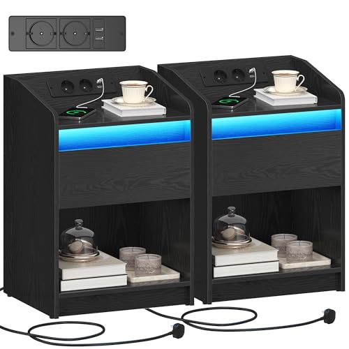 Hzuaneri Nachttisch, mit LED-Licht - Beistelltisch mit Ladestation, 1 Aufbewahrungsschublade Nachttisch für Schlafzimmer, Wohnzimmer, 2 USB-Anschlüsse, 2 Steckdosen, 2er Set, Schwarz NS09104X von Hzuaneri