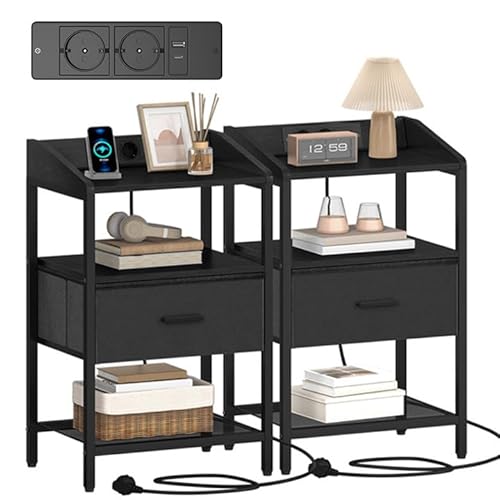 Hzuaneri Nachttisch 2er Set, Beistelltisch mit Steckdose, Nachttische mit 1 Stoffschublade und Offenes Fach, für Schlafzimmer, Wohnzimmer, 30 x 40 x 66 cm, Schwarz NS30304BEU von Hzuaneri