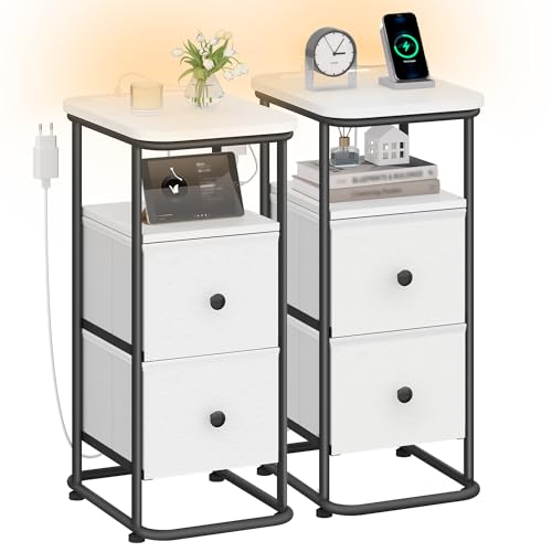 Hzuaneri Nachttisch 2er Set, Schmal Beistelltisch mit LED-Beleuchtung, 1 USB-A-Anschluss, 1 USB-C-Anschluss, Nachttische mit 2 Schubladen, Modern, für Schlafzimmer, Wohnzimmer, Weiß-Schwarz NS12213B von Hzuaneri