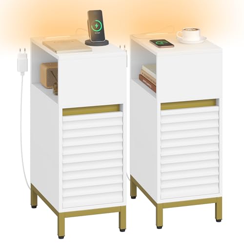 Hzuaneri Nachttisch 2er Set, Schmal Beistelltisch mit LED-Beleuchtung, 1 USB-A-Anschluss, 1 USB-C-Anschluss, Nachttische mit Seitliches offenes Fach, für Schlafzimmer, Wohnzimmer, Weiß NS00603G von Hzuaneri