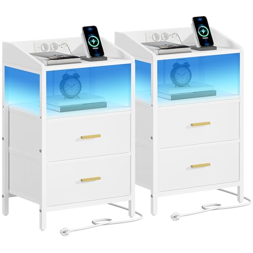 Hzuaneri Nachttisch 2er Set, mit LED-Leuchten und Ladestation, Beistelltisch mit 2 Stoff-Schubladen und Regalen, mit USB-Anschlüssen & Steckdosen, für Schlafzimmer, Wohnzimmer, Weiß NS36213W Hzuaneri Nachttisch 2er Set, mit LED-Leuchten und Ladestation, Beistelltisch mit 2 Stoff-Schubladen und Regalen, mit USB-Anschlüssen & Steckdosen, für Schlafzimmer, Wohnzimmer, Weiß NS36213W von Hzuaneri